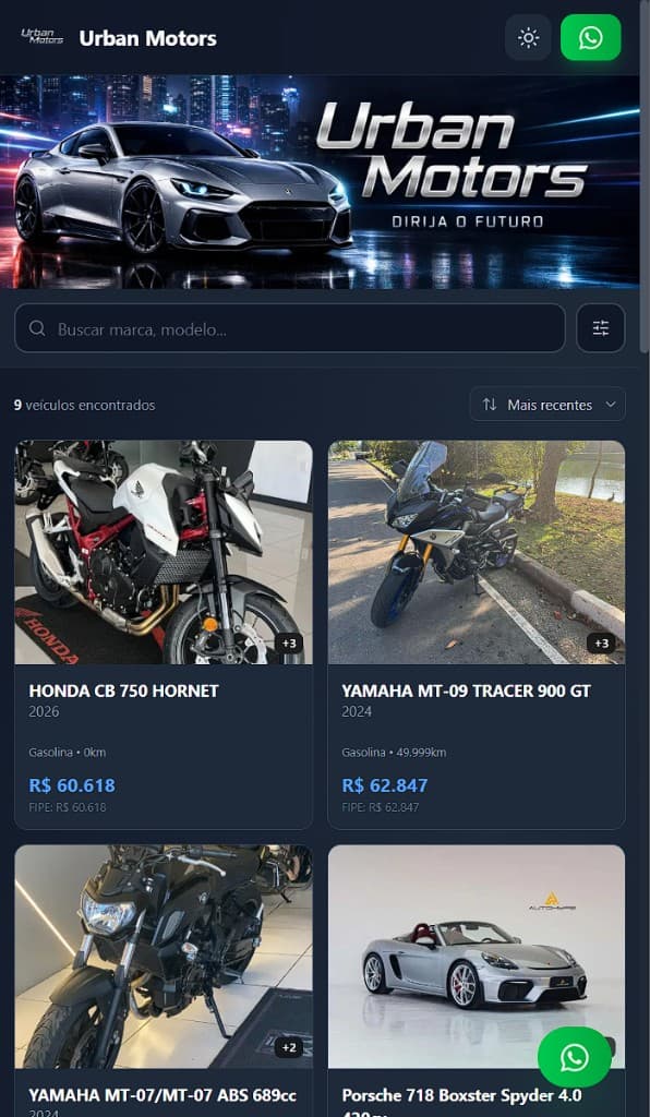 Captura da vitrine Urban Motors no celular — catálogo de veículos com tema escuro